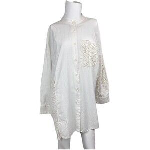 White Crochet Coastal Shirt Tunic Cover Up Cotton Linen Women's Size 4/S